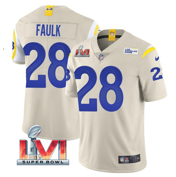 Men's Los Angeles Rams #28 Marshall Faulk 2022 Bone Super Bowl LVI Vapor Limited Stitched Jersey Men's Los Angeles Rams #28 Marshall Faulk 2022 Bone Super Bowl LVI Vapor Limited Stitched Jersey